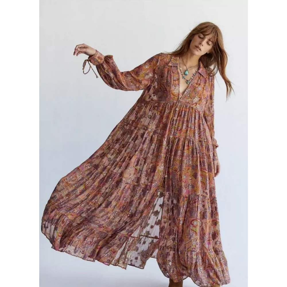 FREE PEOPLE × Paisley Metalic Silk Blend Long Sleeved Maxi Dress Sz M